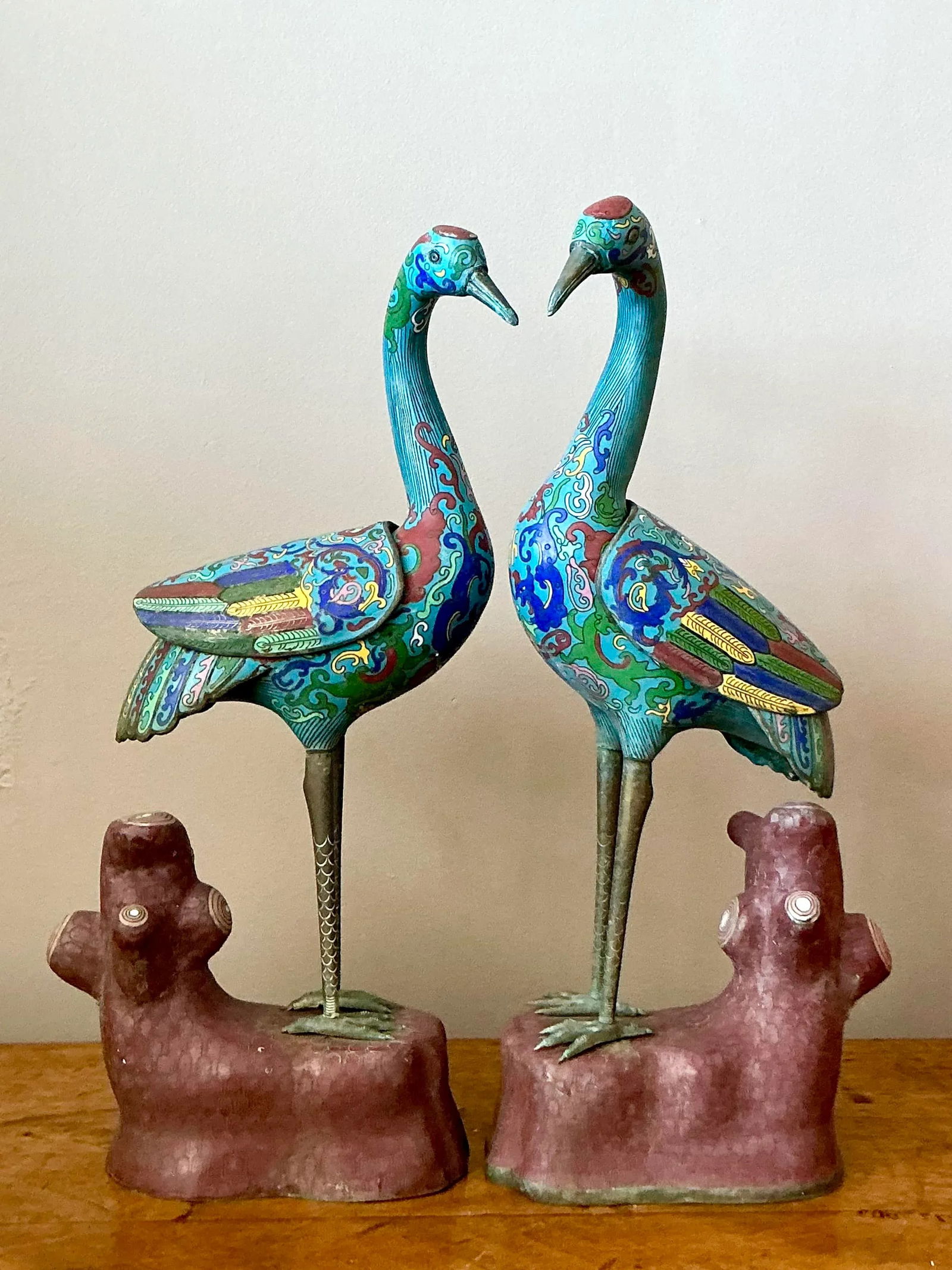 Vintage Cloisonne Cranes Statues Set of 2 Asian Art - 6