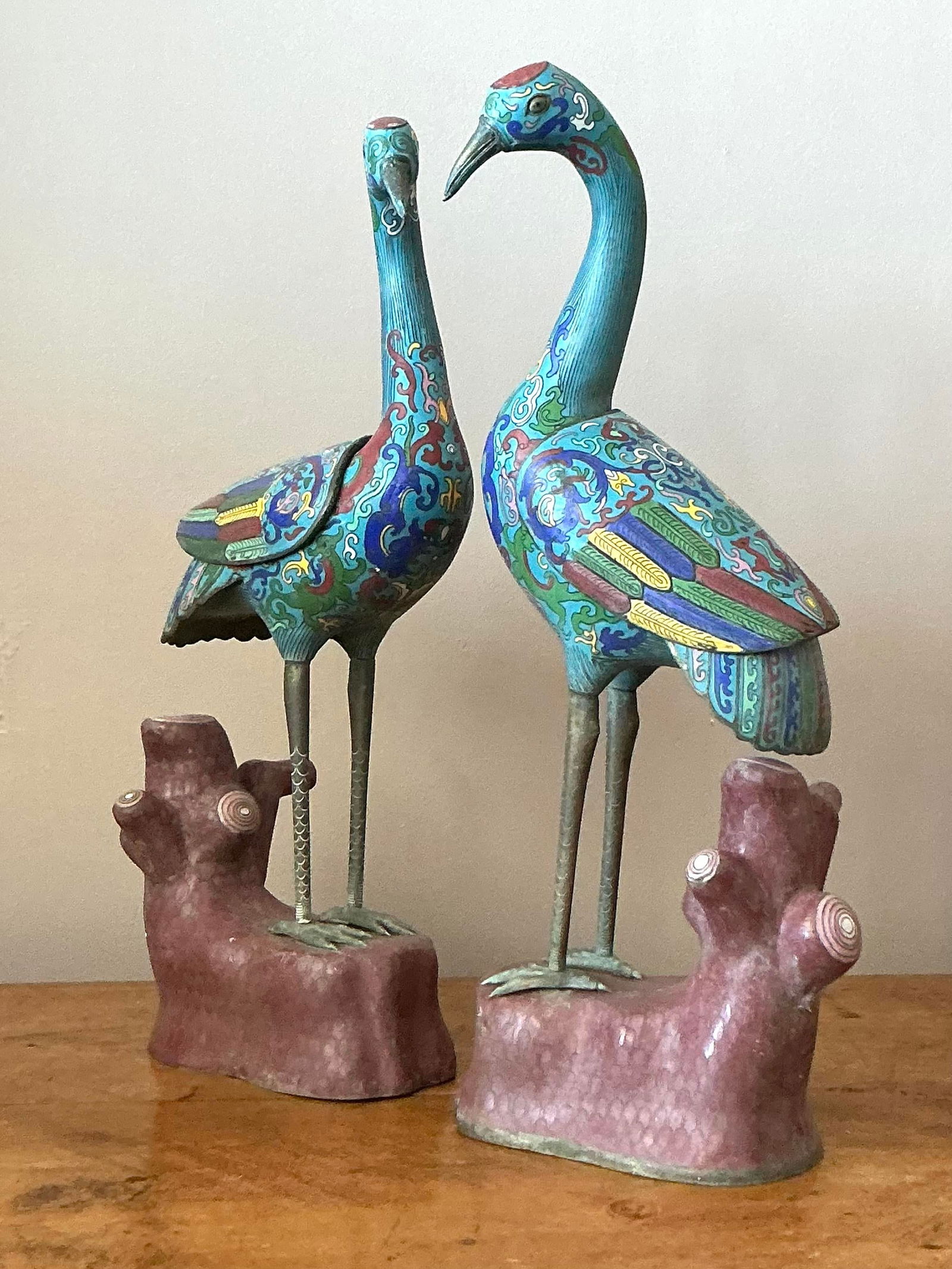 Vintage Cloisonne Cranes Statues Set of 2 Asian Art - 7
