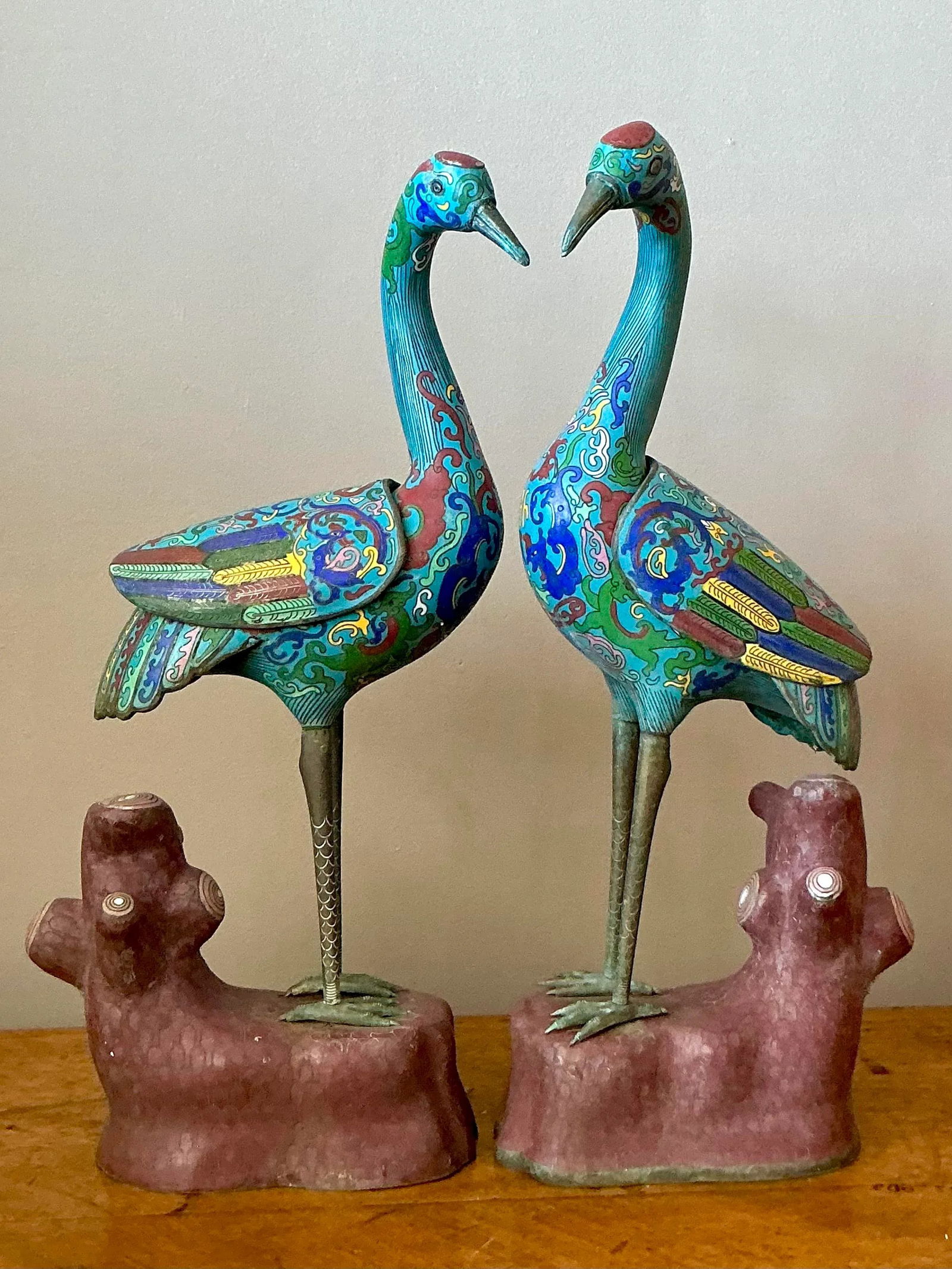 Vintage Cloisonne Cranes Statues Set of 2 Asian Art - 8