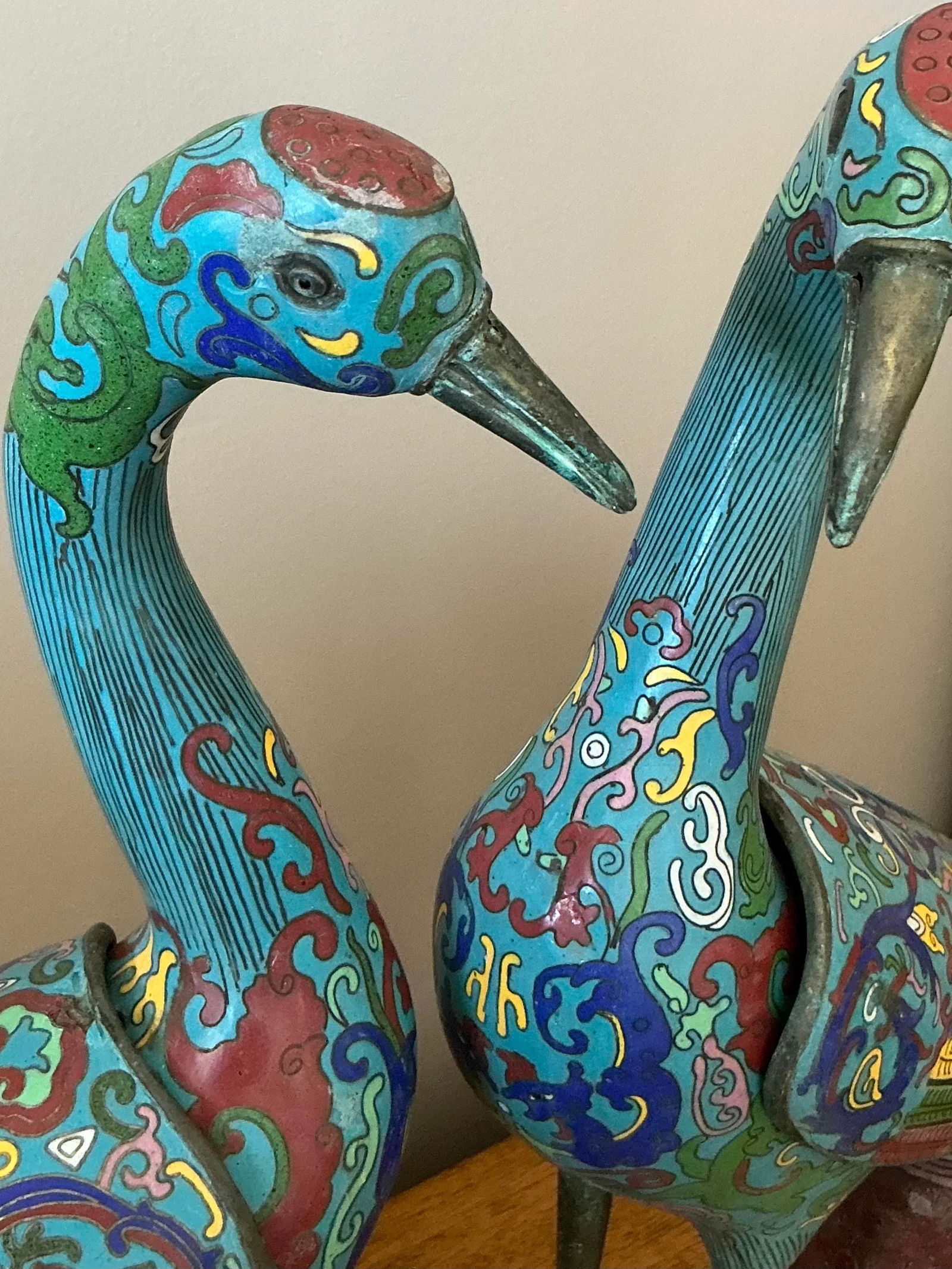 Vintage Cloisonne Cranes Statues Set of 2 Asian Art - 9