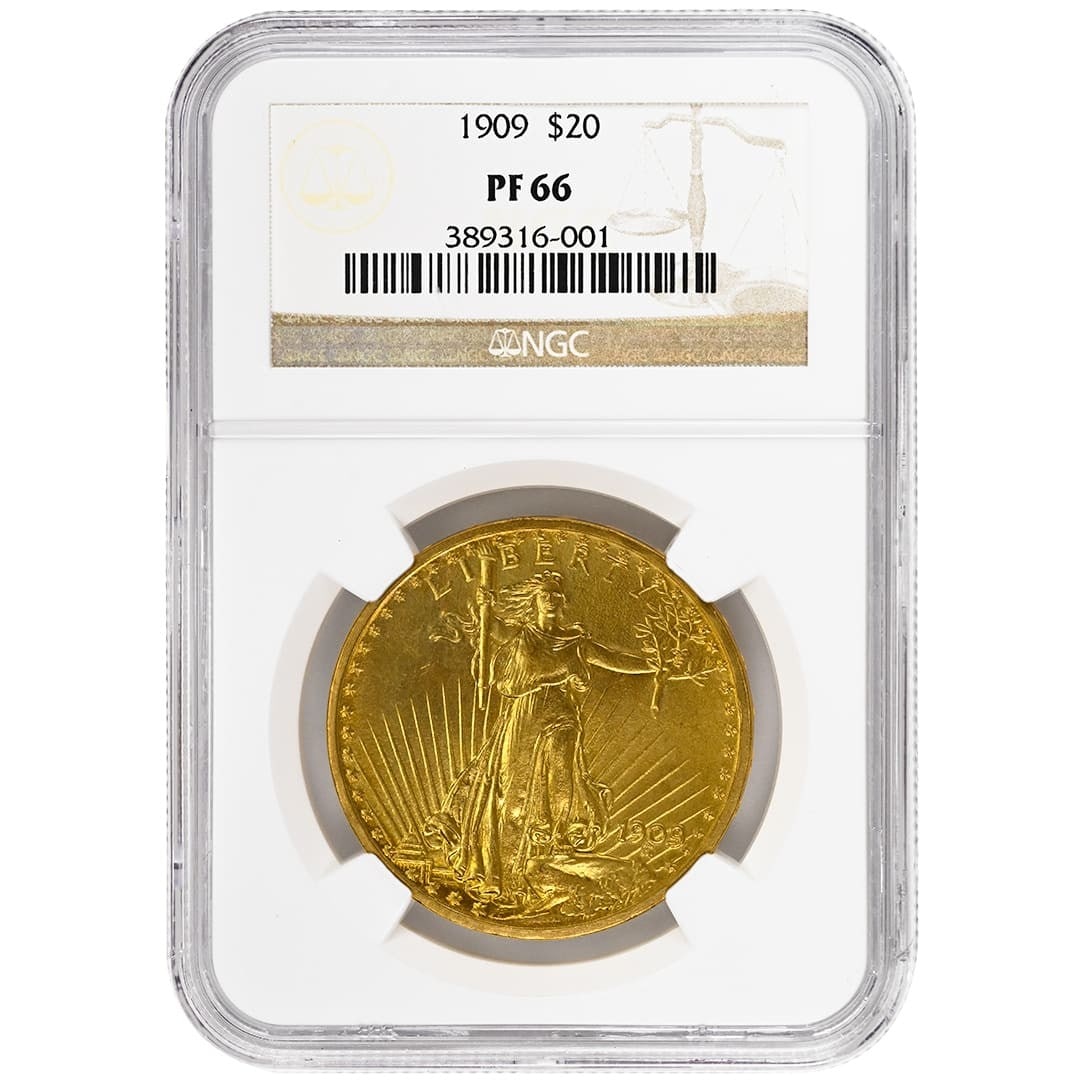 1909 $20 St. Gaudens Gold Coin NGC PF66 Rare Proof: 1909 $20 St. Gaudens Gold Coin NGC PF66 Rare Proof This stunning 1909 $20 St. Gaudens coin is a remarkable piece of numismatic art, boasting an uncirculated grade of PF66 as certified by NGC