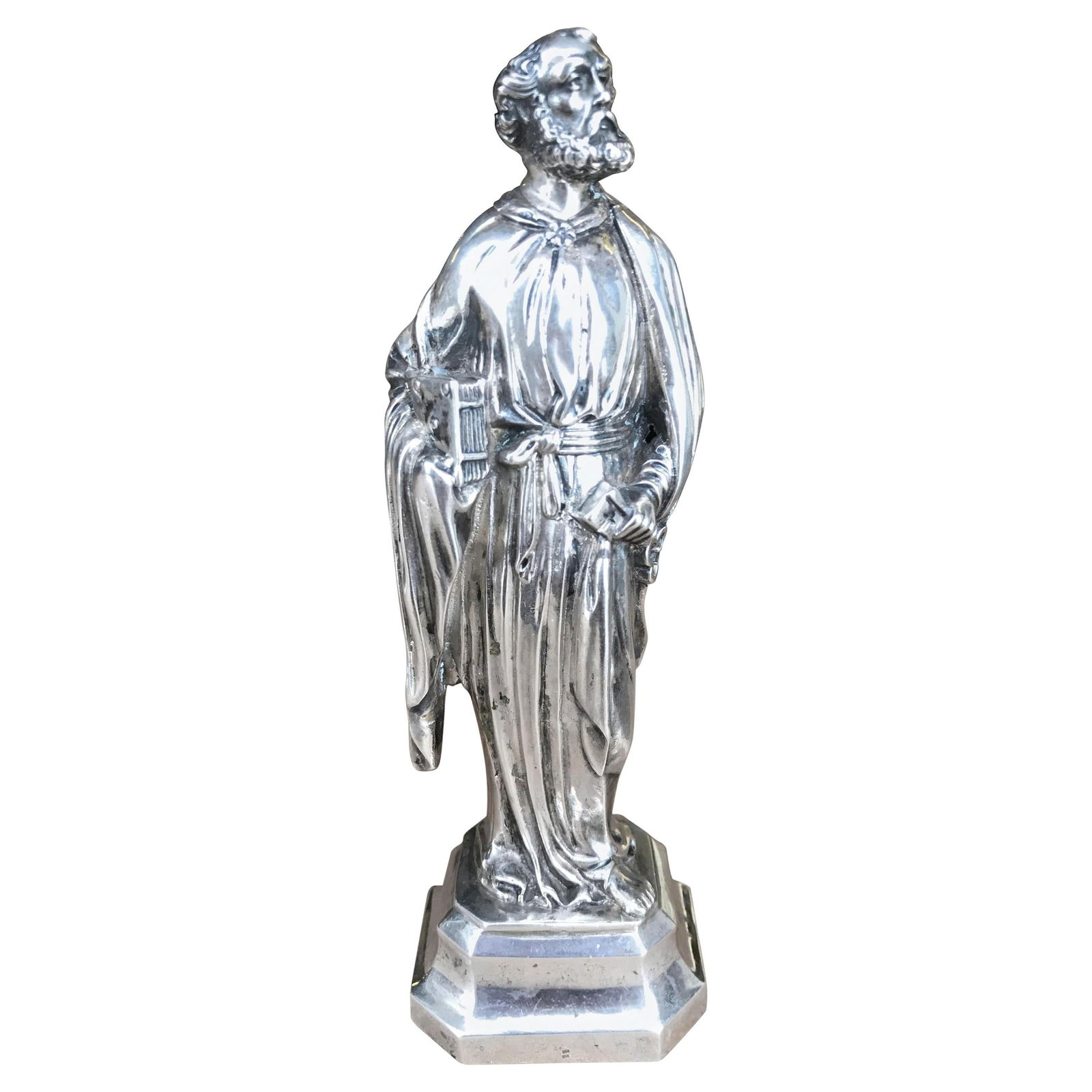 19th Century German Silver Figure of Sankt Peter with Keys: 19th Century German Silver Figure of Sankt Peter with Keys This remarkable 19th Century German Silver Ecclesiastical Figure of Sankt Peter stands at a height of 6.75 inches, beautifully crafted in