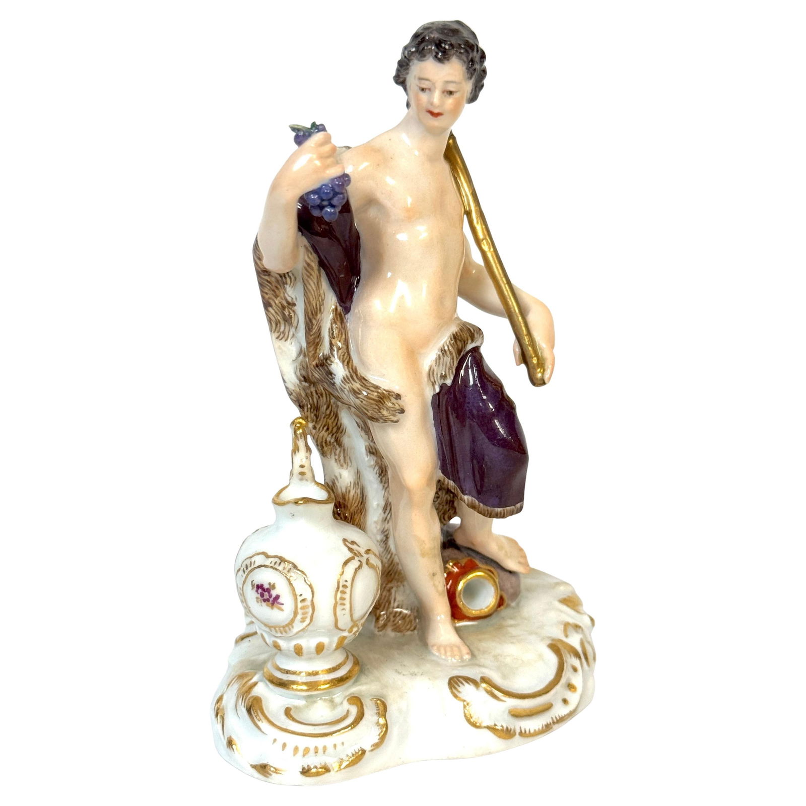 Meissen Porcelain Bacchus Figure with Grapes and Wine Jug 1900s: Meissen Porcelain Bacchus Figure with Grapes and Wine Jug 1900s This exquisite Meissen porcelain figure of Bacchus, crafted in the late 19th to early 20th century, showcases the artistic mastery of