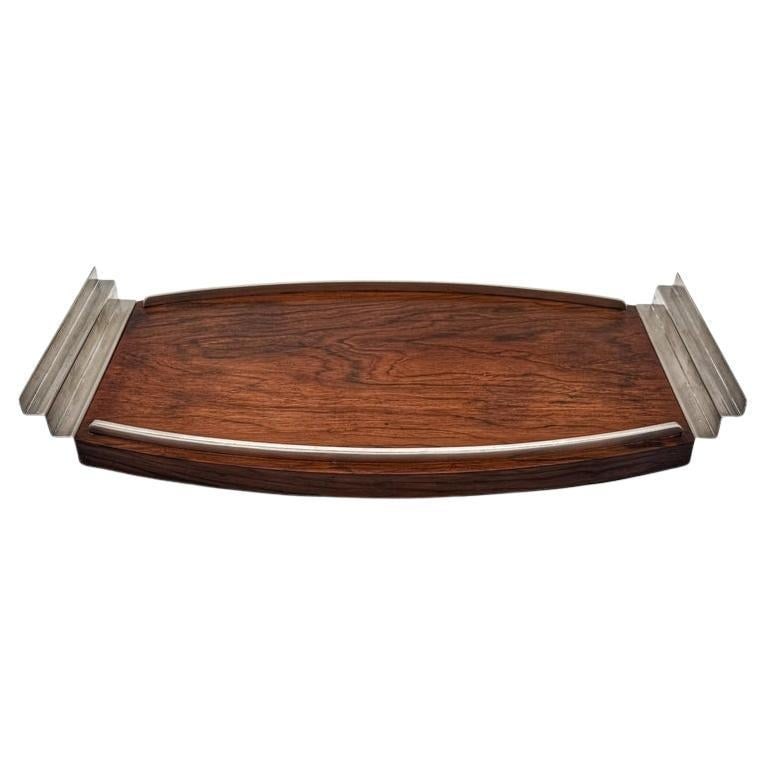French Modern Silver-Plated Mahogany Serving Tray 1950s-1960s (1 of 9)