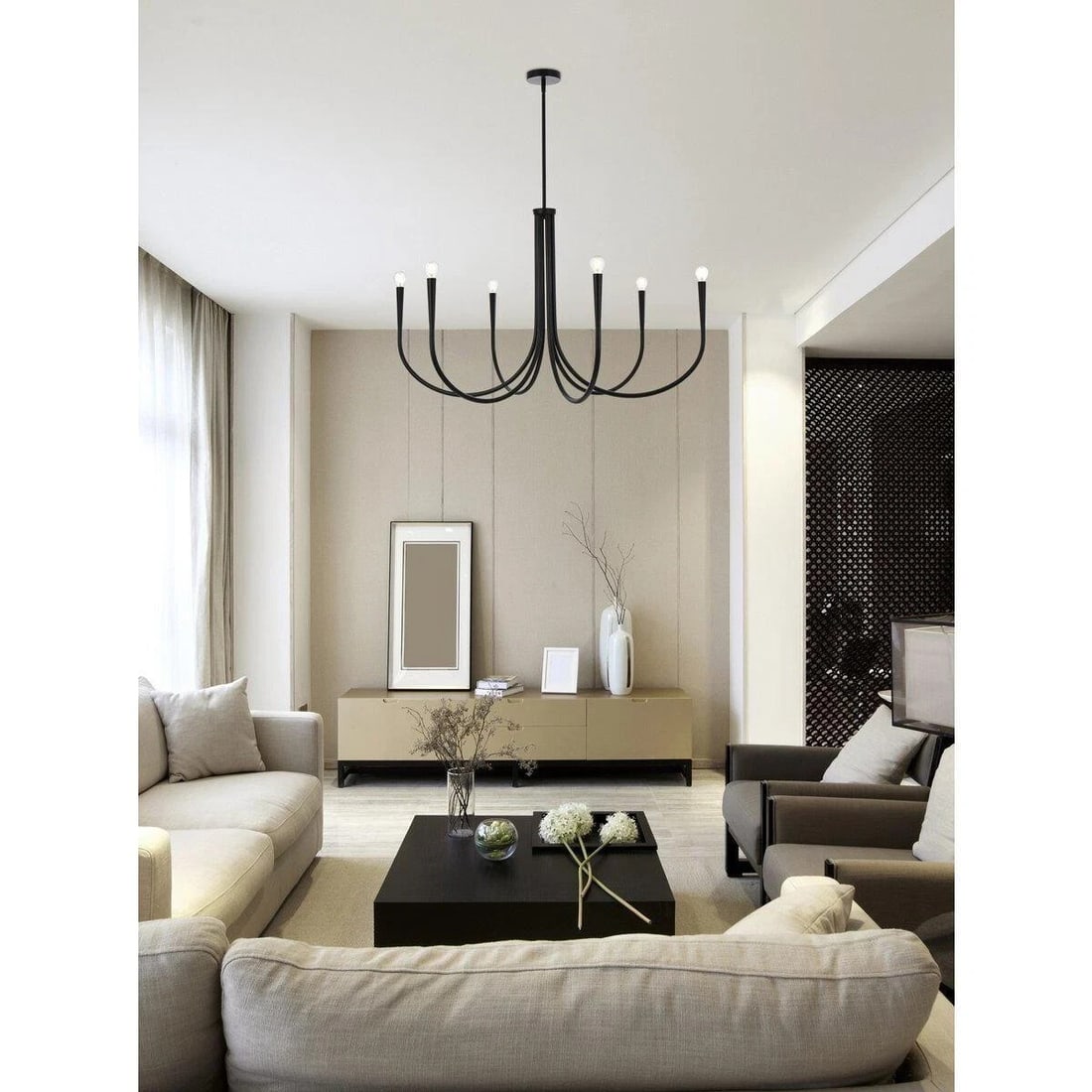 Living District 6-Light Black Farmhouse Chandelier 42 Inch: Living District 6-Light Black Farmhouse Chandelier 42 Inch Illuminate your space with this elegant 42-inch Black Chandelier Light Fixture. Designed in a charming farmhouse style, this chandelier featu