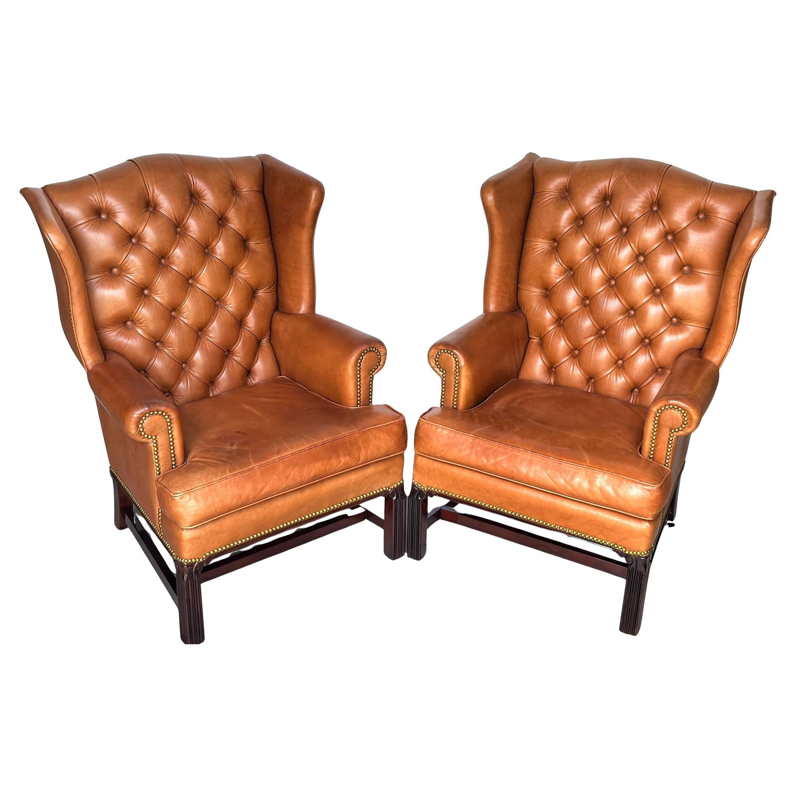 Set of 2 Chesterfield Saddle Tan Leather Wing Chairs 1950s England (1 of 10)