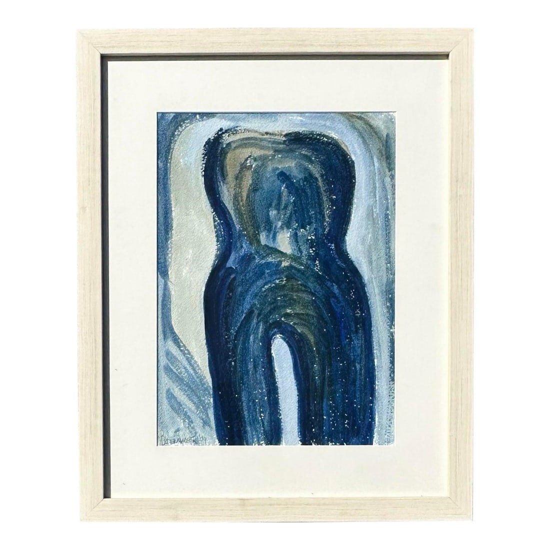 Framed Abstract Canvas Artwork in Vintage Bohemian Style: Framed Abstract Canvas Artwork in Vintage Bohemian Style This vintage boho abstract painting features a captivating composition with deep blue and soft neutral tones, highlighted by dynamic shapes tha