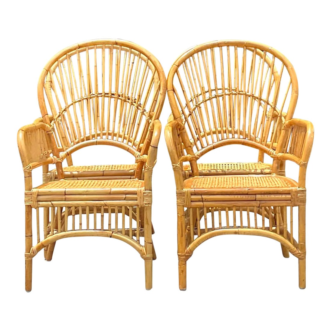 Set of 4 Vintage Coastal Rib Rattan Dining Chairs: Set of 4 Vintage Coastal Rib Rattan Dining Chairs Enhance your dining space with this exquisite set of 4 Vintage Coastal Rib Rattan Dining Chairs. Designed in an American style, these chairs showcase