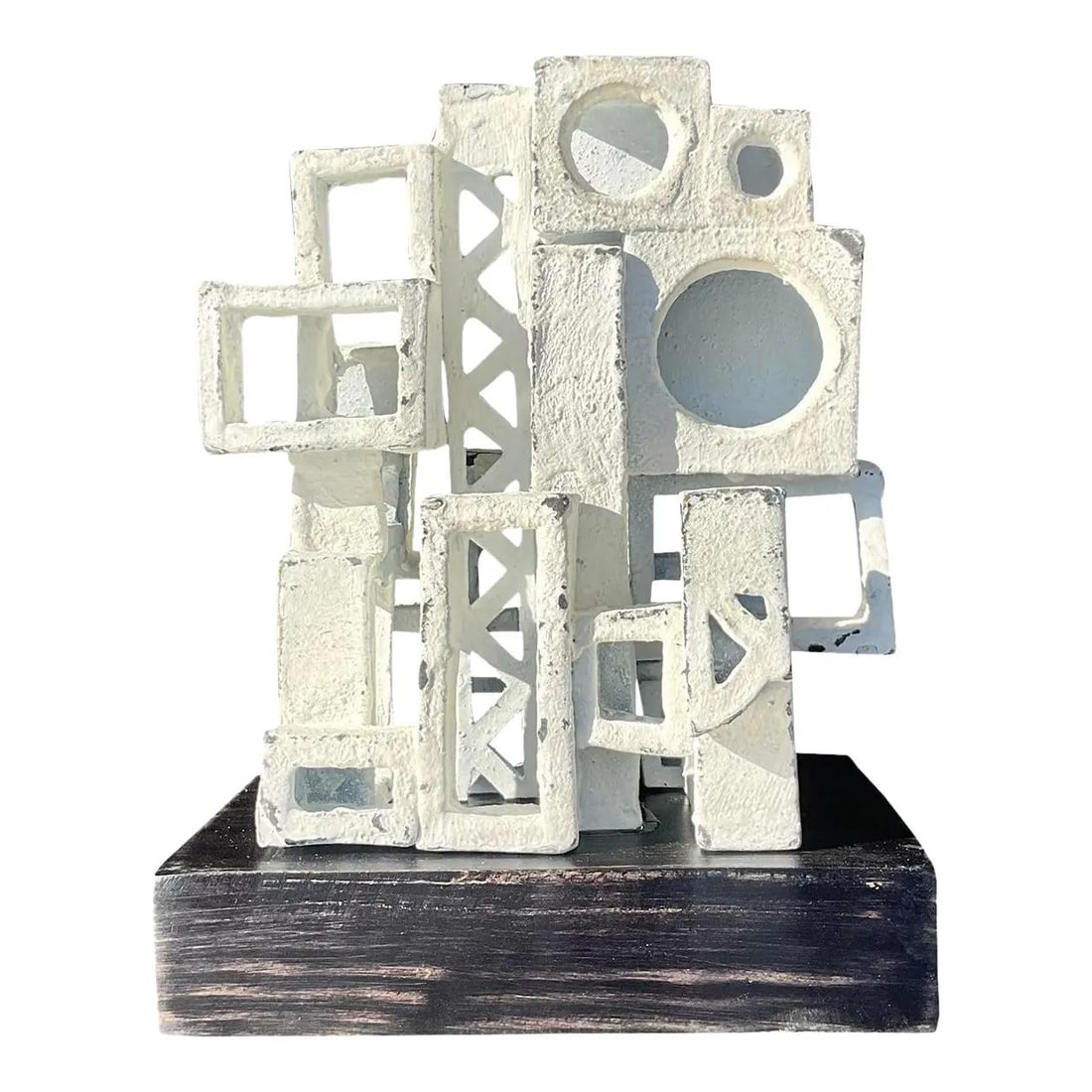 Signed Abstract Ceramic Sculpture on Wood Plinth in Brutalist Boho Style (1 of 8)