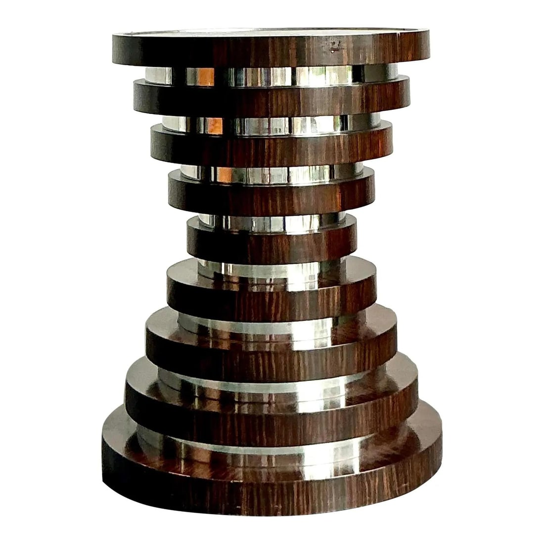 Vintage Art Deco Zebrawood Chrome Dining Table Pedestal 24.5 Round: Vintage Art Deco Zebrawood Chrome Dining Table Pedestal 24.5 Round Elevate your dining experience with this stunning vintage dining table pedestal, a remarkable blend of Art Deco and Hollywood Regency