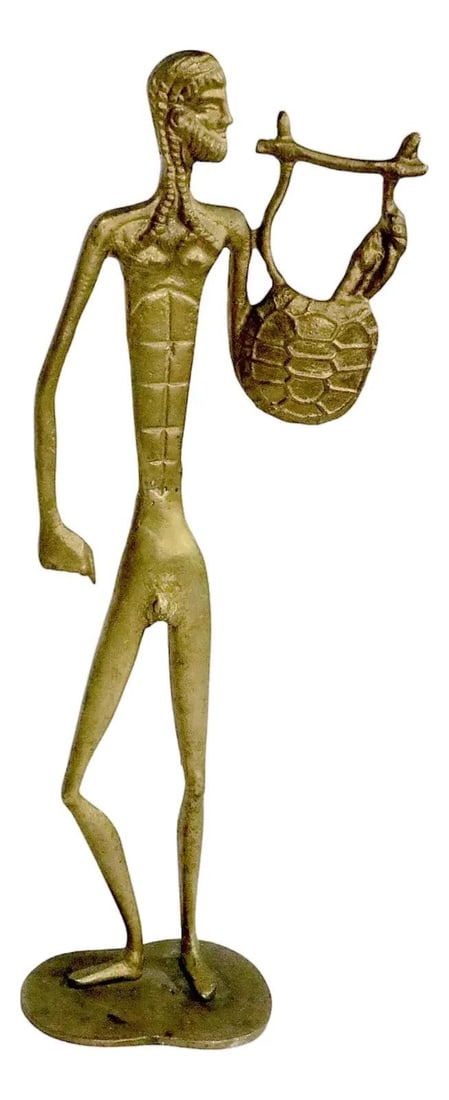 Mid 20th Century Brutalist Brass Etruscan Figure with Poseidon Basket: Mid 20th Century Brutalist Brass Etruscan Figure with Poseidon Basket This striking mid-20th century Brutalist cast brass figure showcases a male figure carrying a Poseidon basket, embodying the Antiq