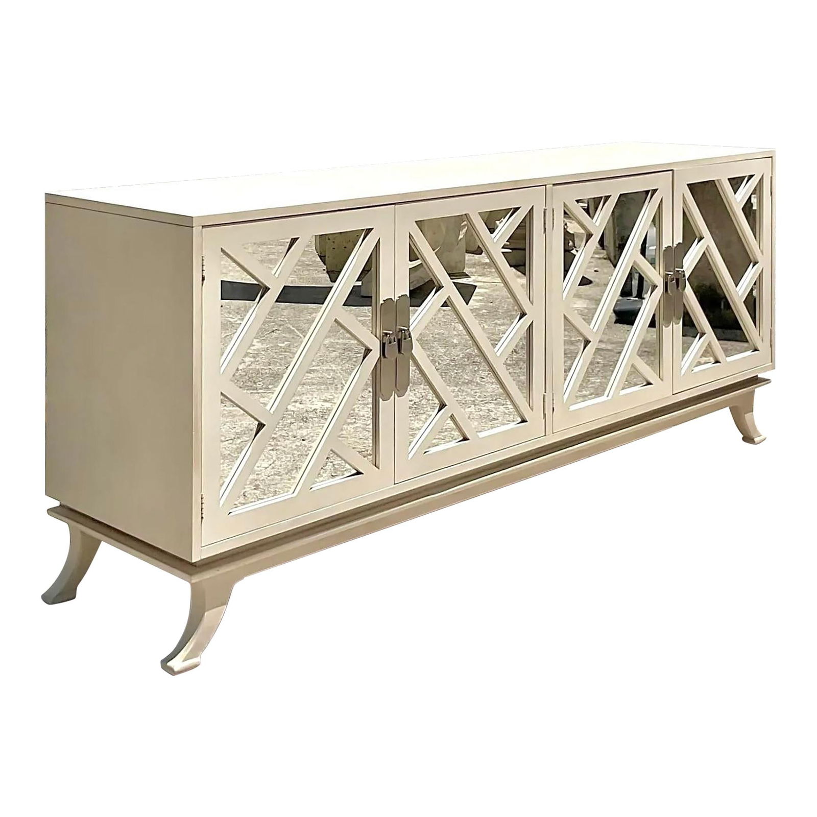 Vintage Coastal Chinese Chippendale Mirrored Credenza Beige Wood (1 of 7)