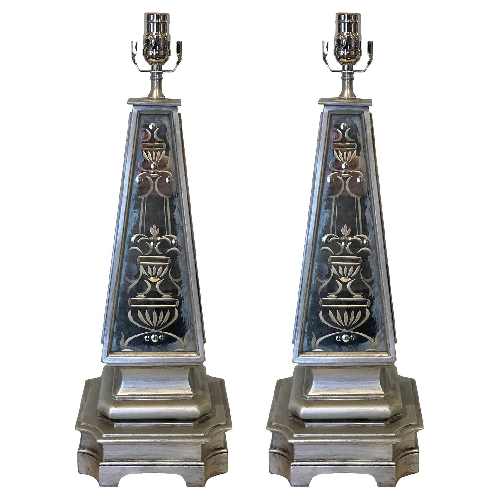 Neoclassical Silvered Mirror Obelisk Lamps Set of 2 France 1950s (1 of 7)