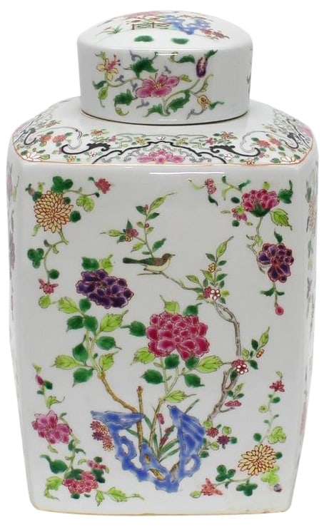 Chinoiserie Floral Ceramic Tea Jar Handmade 9x9x16: Chinoiserie Floral Ceramic Tea Jar Handmade 9x9x16 This unique handmade floral ceramic tea container is a stunning addition to any home decor. Crafted with care, it features a vibrant multi-color fini