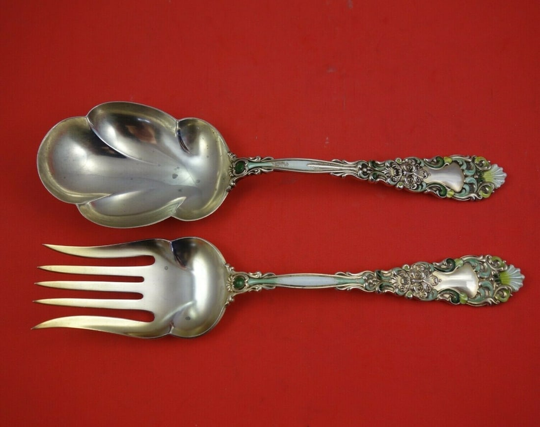 Dominick & Haff Renaissance Sterling Silver Salad Serving Set 2pc Vermeil Enamel (1 of 3)