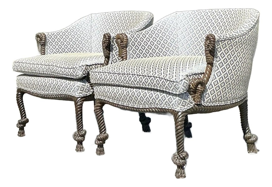 Vintage Regency Rope Knot Lounge Chairs Pair Upholstered Blue (1 of 8)