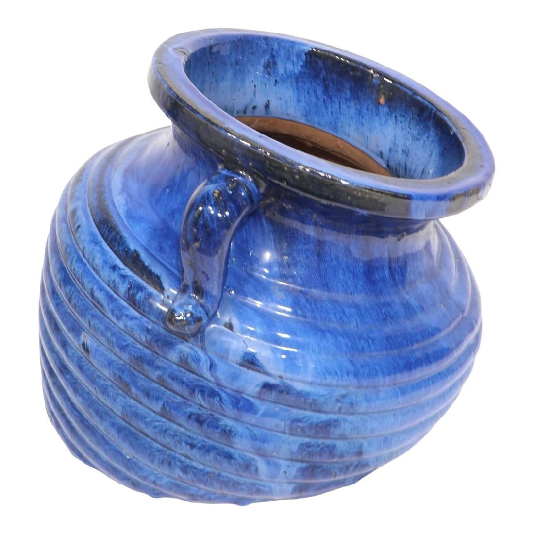 Artistic Blue Glaze Pottery Sunken Tilted Vase: Artistic Blue Glaze Pottery Sunken Tilted Vase This stunning tilted pottery vase features a beautiful blue glaze finish, showcasing an impressive tonal high gloss. In excellent condition, this artisti