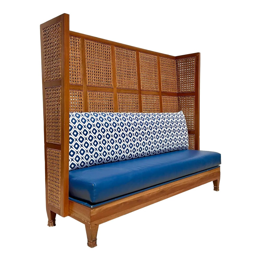 Vintage Boho High Back Rattan Bench Inspired by Kenneth Cobonpue: Vintage Boho High Back Rattan Bench Inspired by Kenneth Cobonpue Transform your living space with this stunning Vintage Boho Palm Beach Breakers Hotel High Back Rattan Bench, inspired by the iconic Ke