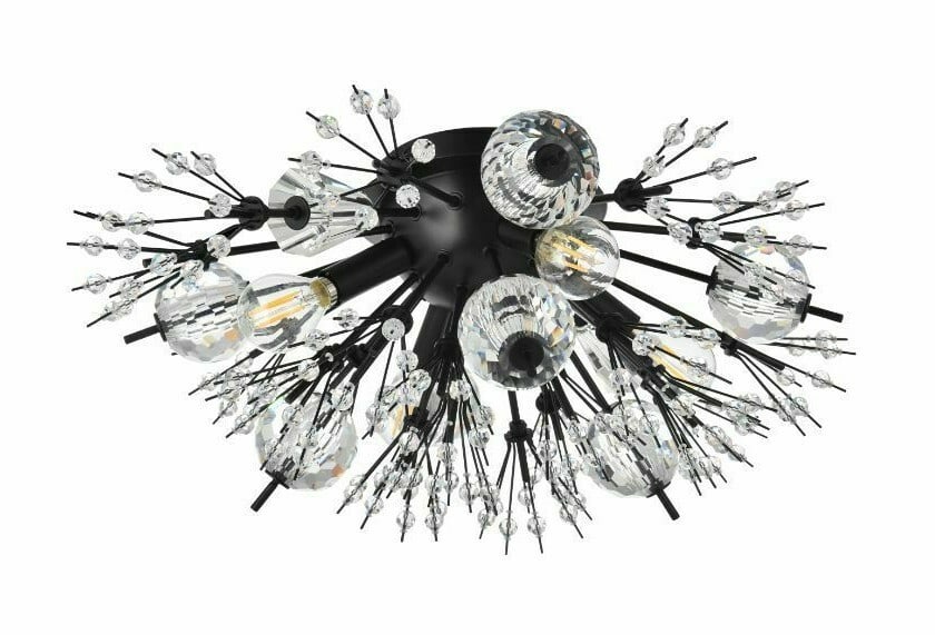 Vera 4-Light Modern Black Flush Mount Chandelier with Crystal and Glass Accents: Vera 4-Light Modern Black Flush Mount Chandelier with Crystal and Glass Accents This modern flush mount ceiling light features a black Sputnik-style frame with high-quality crystal and glass accents.