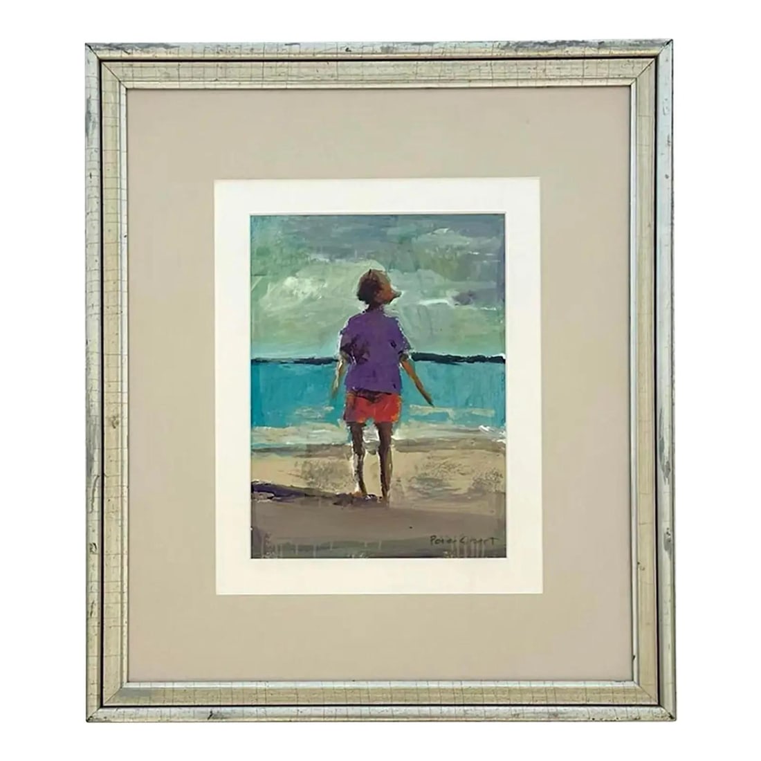 Acrylic Artwork of Child by Sea on Board in Vintage Coastal Style: Acrylic Artwork of Child by Sea on Board in Vintage Coastal Style This vintage acrylic painting on board depicts a young child gazing over the ocean, capturing a tranquil coastal scene with vibrant co