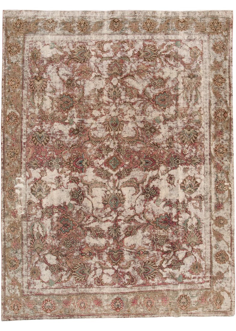 Distressed Kerman Hand-Knotted Wool Rug 9'4 x 12'4 Tan (1 of 6)