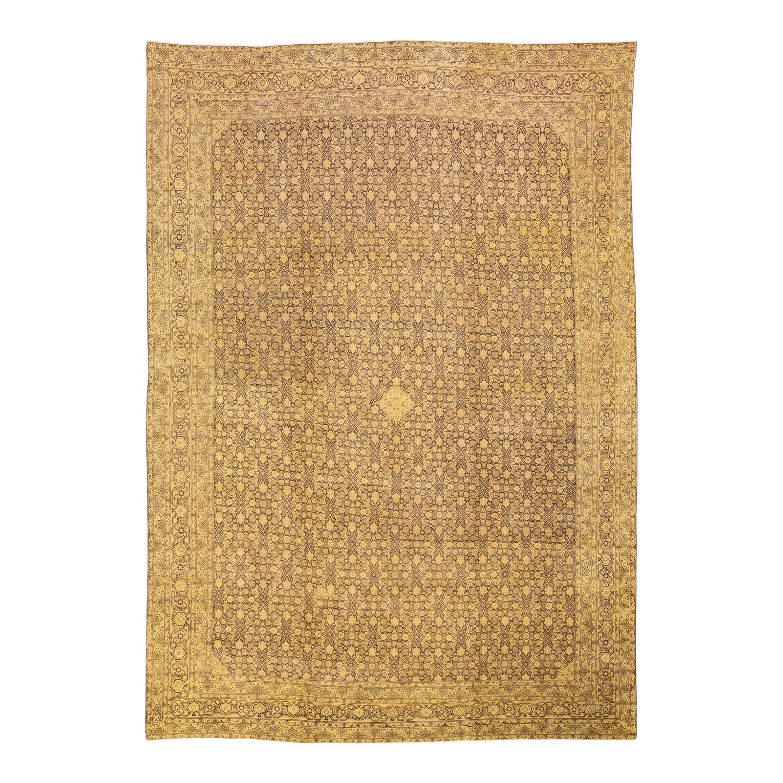 Antique Persian Tabriz Hand-Knotted Tan Wool Rug 12'10 x 18'7: Antique Persian Tabriz Hand-Knotted Tan Wool Rug 12'10 x 18'7 This exquisite antique Persian Tabriz rug showcases a beautifully hand-knotted wool construction with a warm tan field. Adorned with a cap