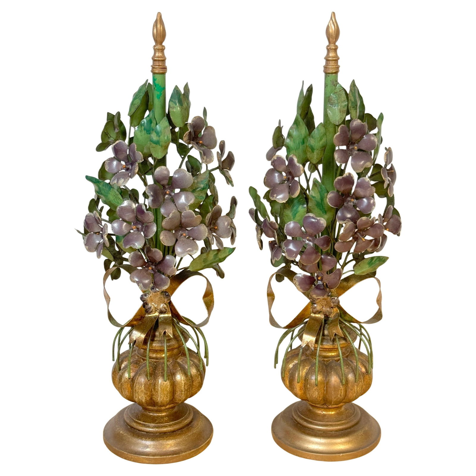 Stunning Pair of 1950s Italian Giltwood Tole Violet Topiary Sculptures: Stunning Pair of 1950s Italian Giltwood Tole Violet Topiary Sculptures This exquisite pair of Italian Hollywood Regency giltwood and tole violet topiary sculptures, crafted in the 1950s, showcases an