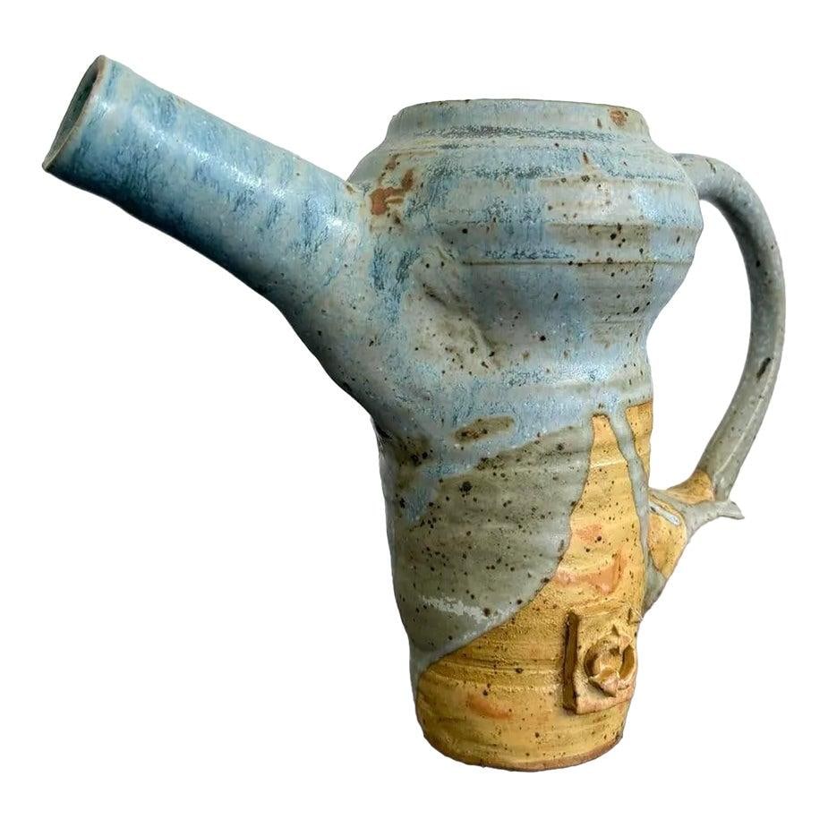 Whimsical Vintage Boho Pottery Pitcher Sky Blue Decorative Vase (1 of 9)