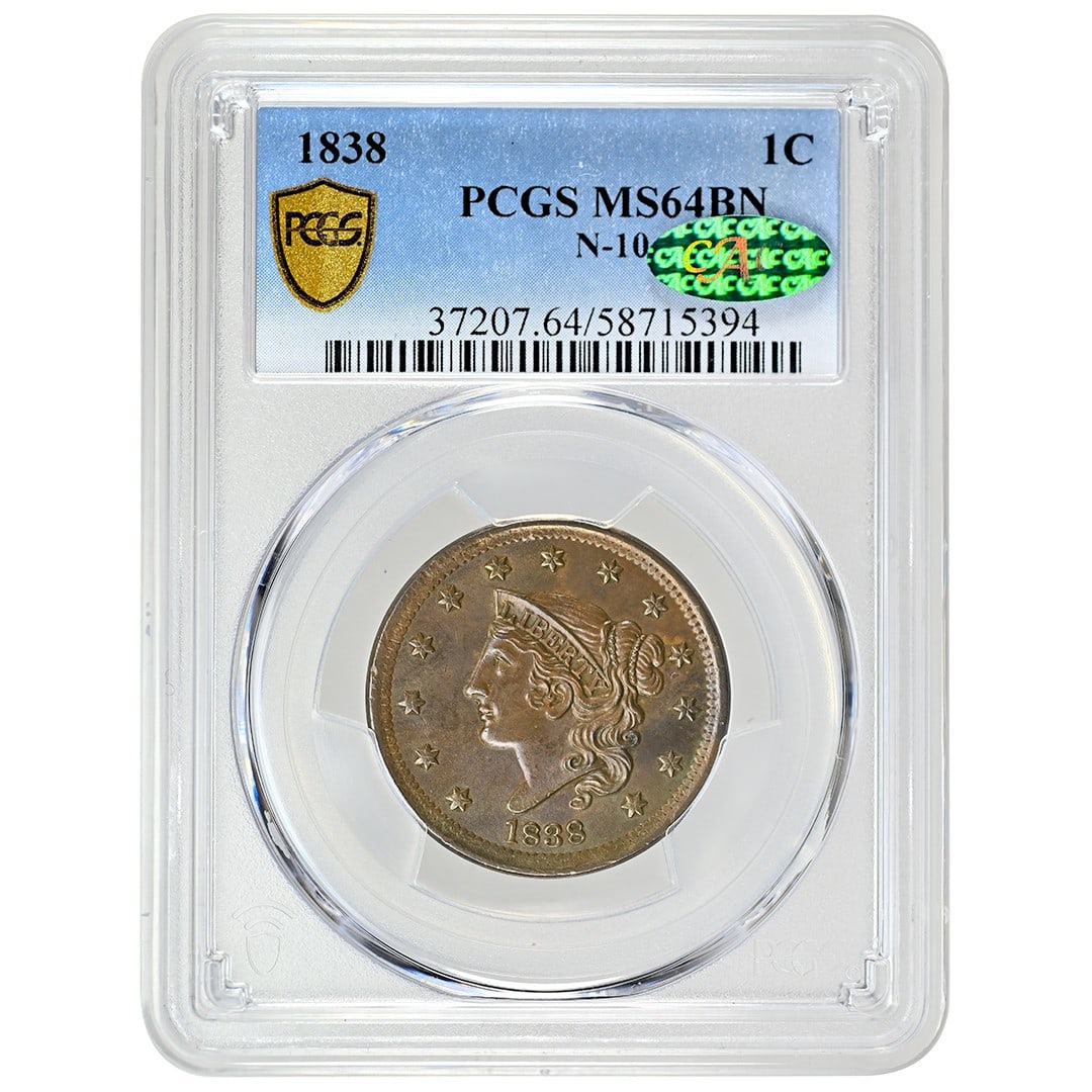 PCGS MS64BN CAC 1838 Coronet Head Cent Newcomb 10 Variety Copper 1C Coin (1 of 4)