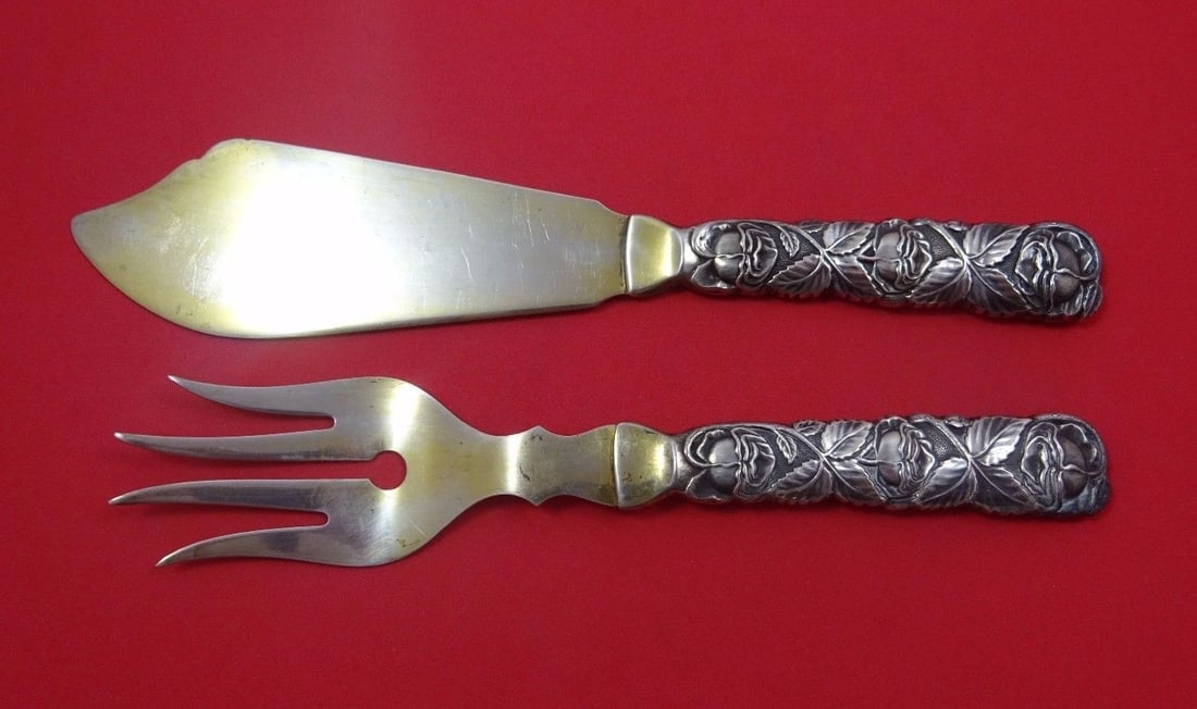 European Silver Sterling Fish Serving Set 2pc Gold Washed Rose Handles (1 of 1)
