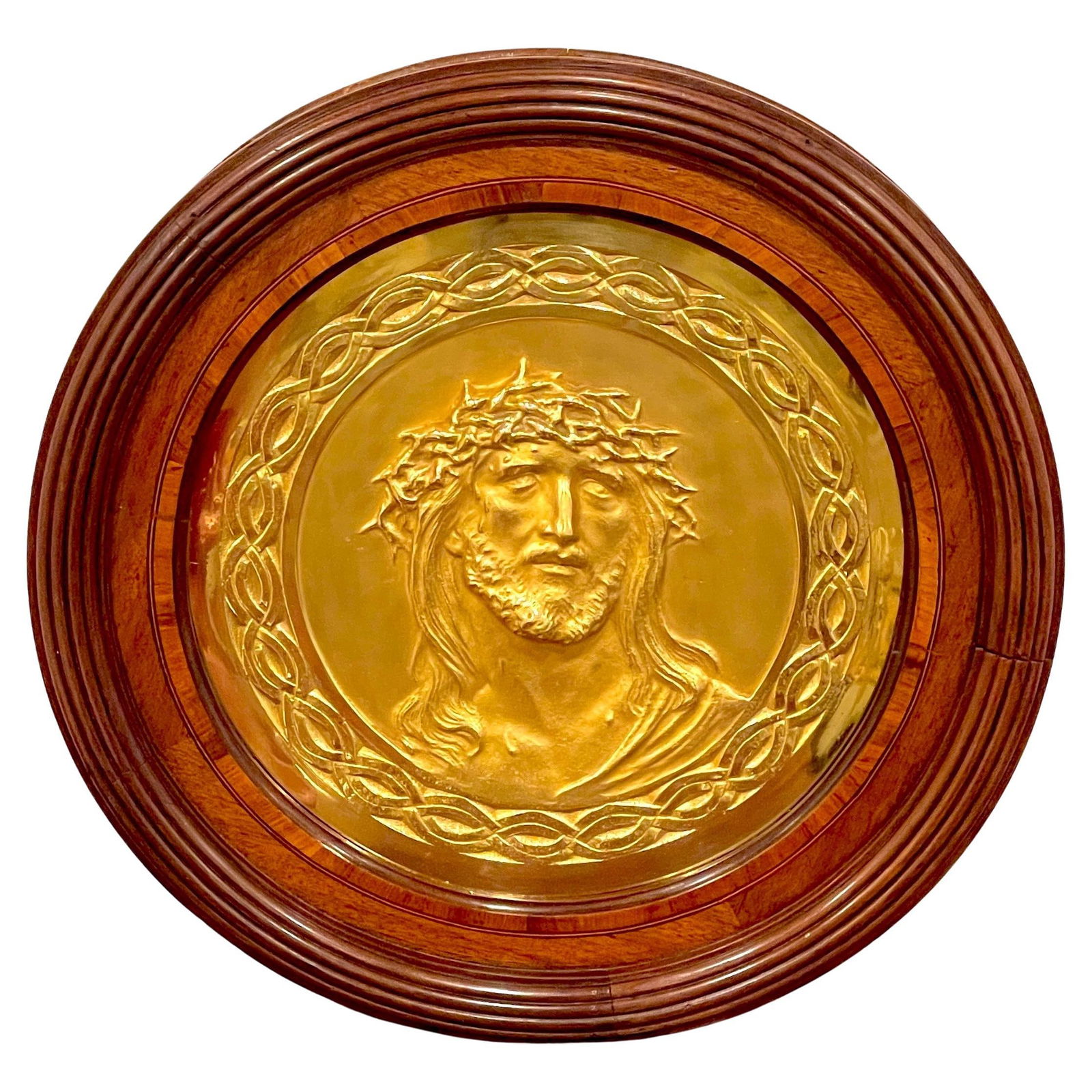 19th Century French Gilt Bronze Portrait Plaque of Jesus 16.5 in: 19th Century French Gilt Bronze Portrait Plaque of Jesus 16.5 in This exquisite 19th Century French gilt bronze portrait plaque features a finely cast image of Jesus adorned with a crown of thorns, re