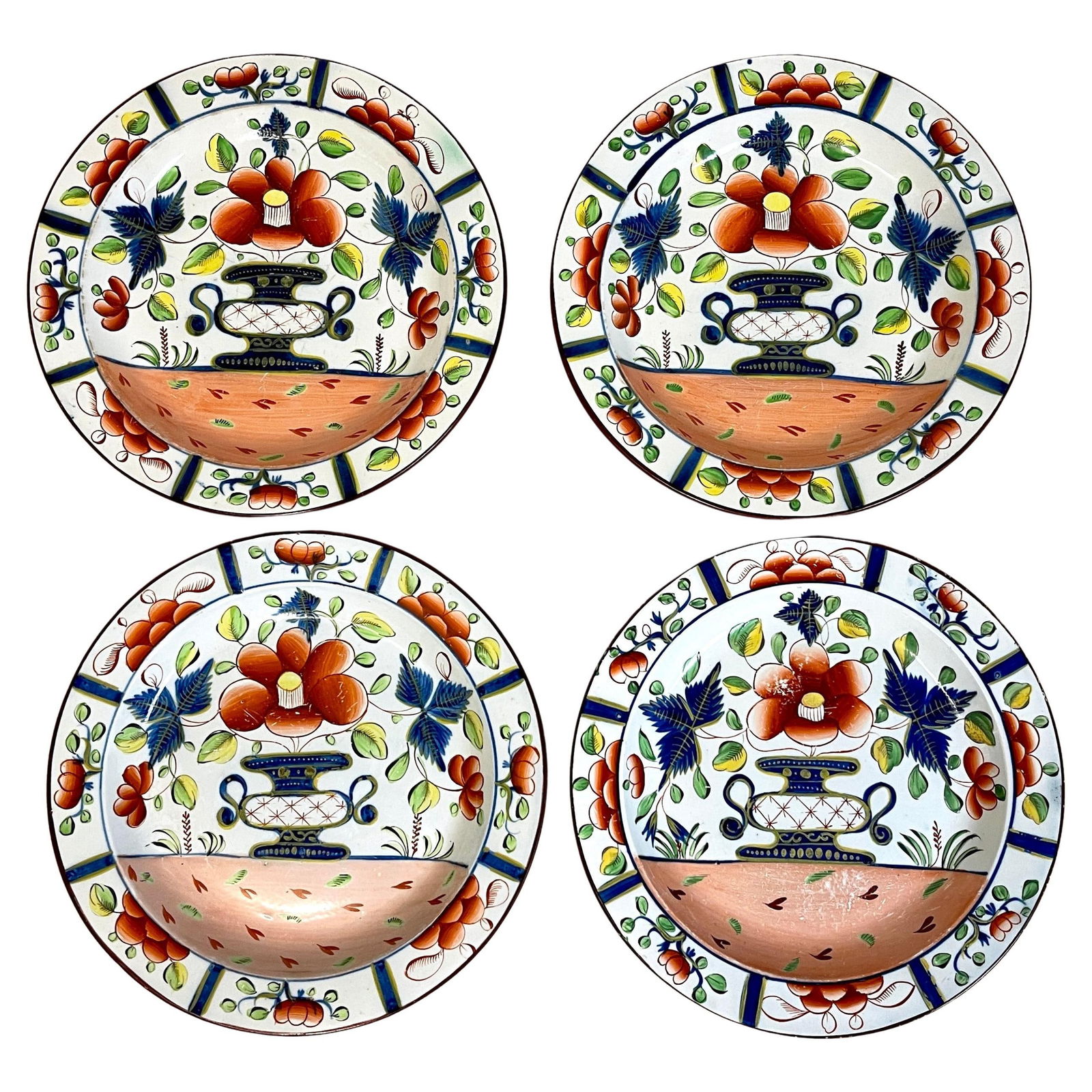 Set of 4 19th Century Gaudy Dutch Urn Pattern Plates: Set of 4 19th Century Gaudy Dutch Urn Pattern Plates This exquisite set of four 19th Century Gaudy Dutch 'Urn' Pattern plates showcases a stunning hand-painted design, ideal for collectors and enthusi