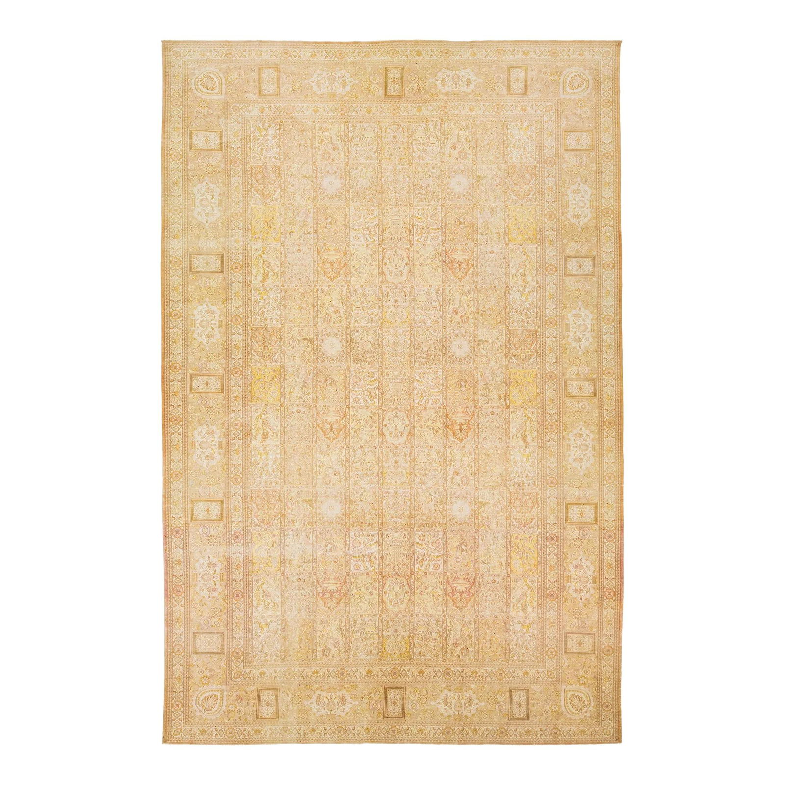 Handcrafted Persian Tabriz Beige Wool Rug 13' x 19'6' Floral Design: Handcrafted Persian Tabriz Beige Wool Rug 13' x 19'6' Floral Design Enhance your space with this exquisite handcrafted Persian Tabriz wool rug from the 1910s. Featuring a traditional floral pattern, t