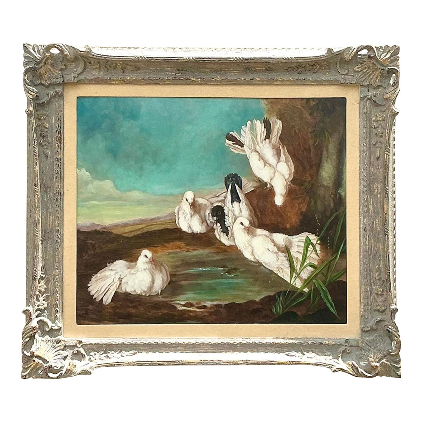 Vintage Regency Signed Oil Painting of Doves 34.5 x 30.5 (1 of 7)