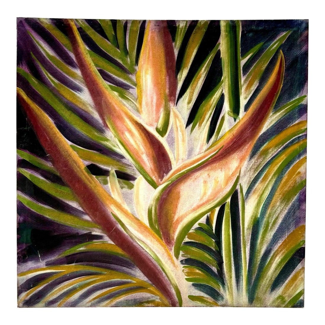 Vibrant Tropical Botanical Painting 36x36 Canvas Art: Vibrant Tropical Botanical Painting 36x36 Canvas Art Experience the vibrant beauty of a tropical paradise with this stunning painting, showcasing heliconia flowers and sweeping palm fronds. The artwor