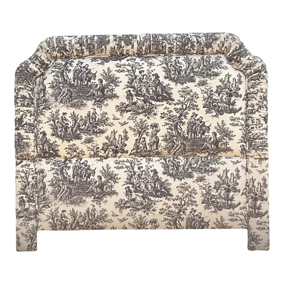 Vintage Regency Queen Headboard with Rusched Toile Design: Vintage Regency Queen Headboard with Rusched Toile Design Transform your bedroom with this exquisite vintage Regency Queen headboard. Featuring a stylish rusched design adorned with a stunning toile p