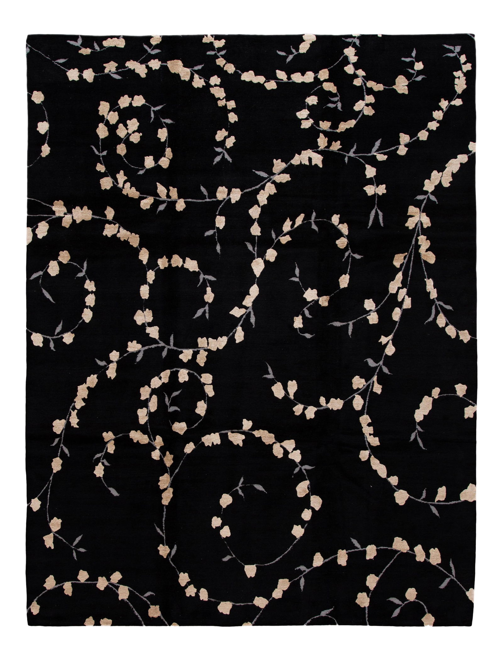 Elegant Black Tibetan Wool Silk Rug 9' x 12' Botanical Floral Design (1 of 10)
