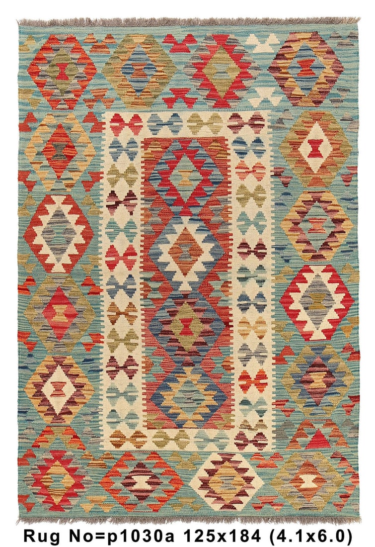 4.1 x 6 Green Multi Color Handmade Wool Kilim Rug (1 of 9)
