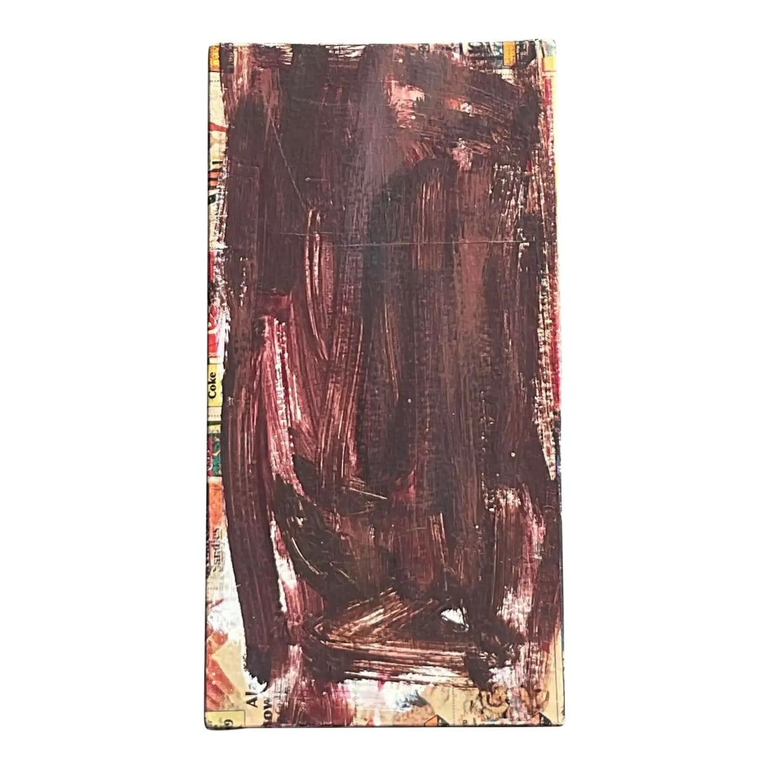 Russell Christoffersen Mixed Media Abstract Canvas Painting with Decoupage Elements: Russell Christoffersen Mixed Media Abstract Canvas Painting with Decoupage Elements This early 21st-century abstract painting by Russell Christoffersen features expressive brown brushstrokes layered o