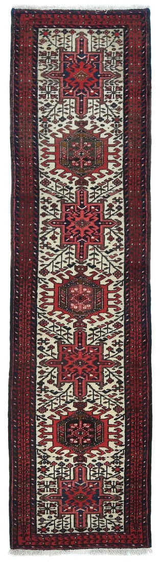Handmade Vintage 2'3 x 9'2 Tribal Runner Rug Wool Red Cream: Handmade Vintage 2'3 x 9'2 Tribal Runner Rug Wool Red Cream This exquisite Handmade Vintage Oriental Runner Rug features a stunning red, cream, and purple-navy color palette, perfect for enhancing you