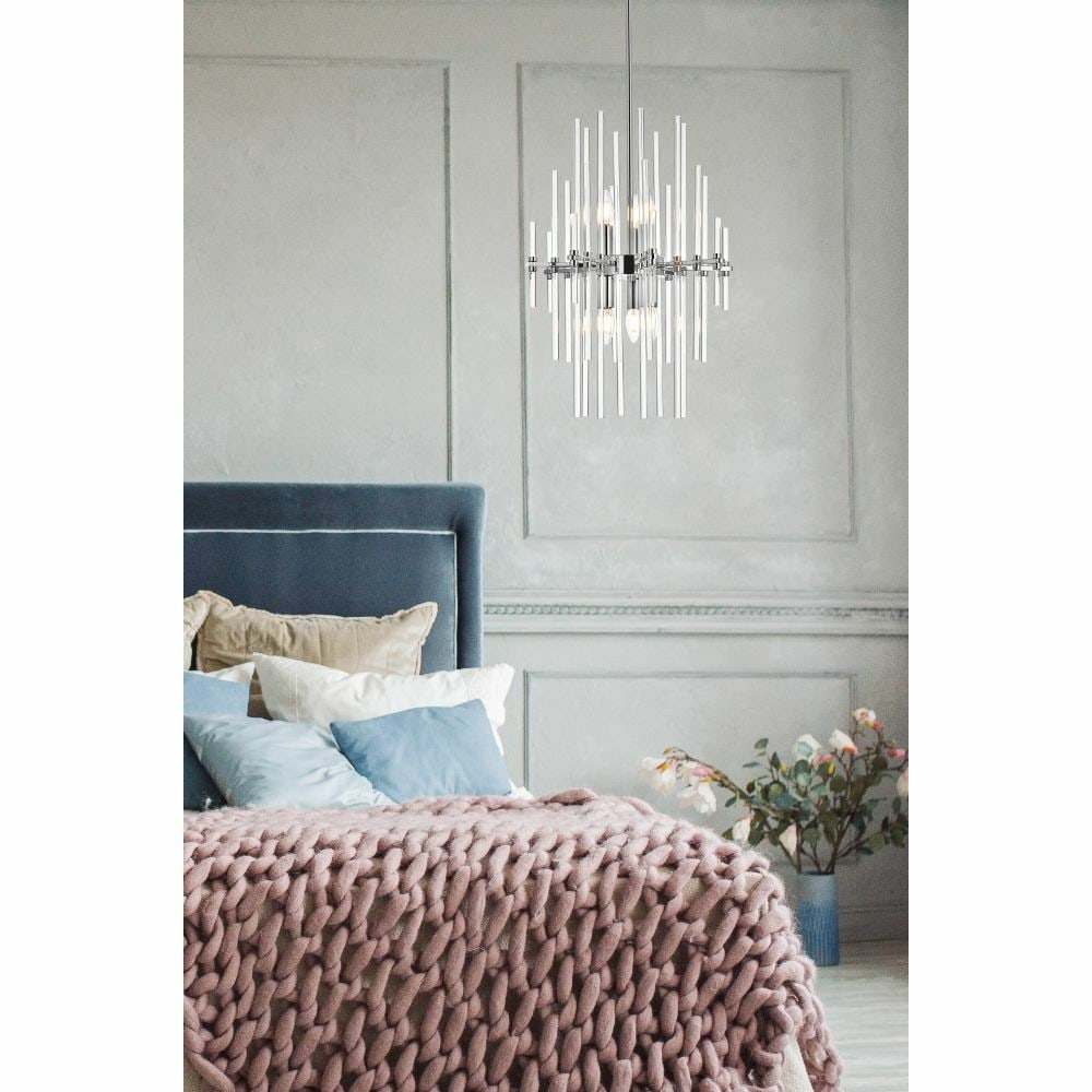 Sienna 6-Light Chrome Pendant Chandelier with Clear Glass Rods: Sienna 6-Light Chrome Pendant Chandelier with Clear Glass Rods Illuminate your space with this stunning Sputnik Glass Rods Chrome Pendant Chandelier. Featuring a modern design with clear glass rods an