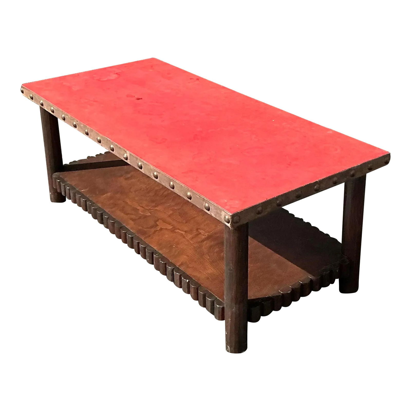 Vintage Boho Thomas Molesworth Coffee Table Red Wood Leather Metal: Vintage Boho Thomas Molesworth Coffee Table Red Wood Leather Metal Enhance your living space with this vintage Boho Thomas Molesworth coffee table, a perfect fusion of rustic charm and Bohemian elegan