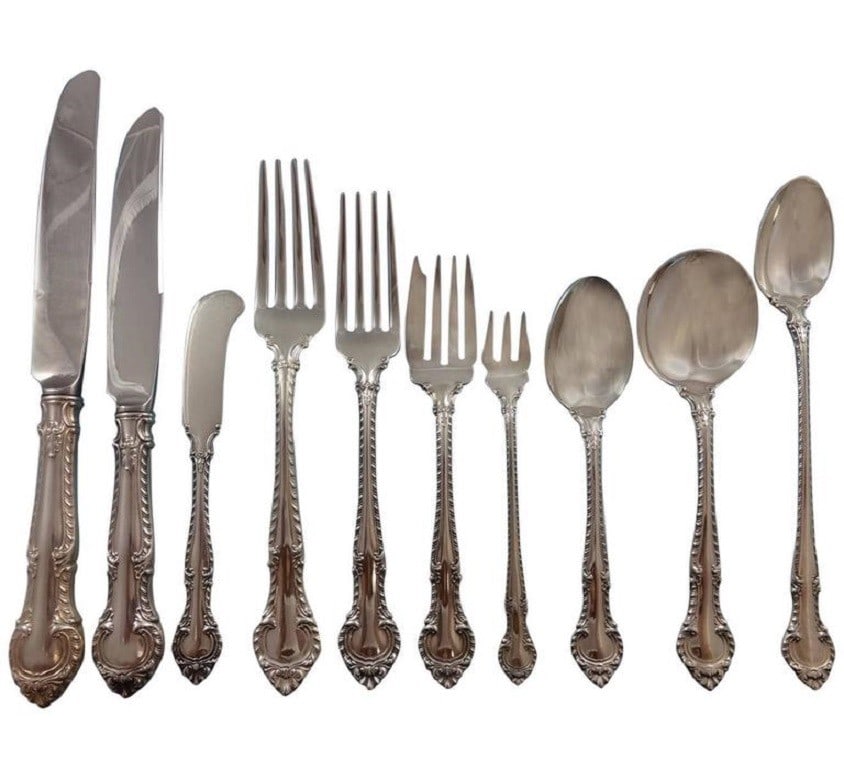 Gorham English Gadroon Sterling Silver Flatware Set for 8 - 95 Pieces with Storage Chest: Gorham English Gadroon Sterling Silver Flatware Set for 8 - 95 Pieces with Storage Chest Enhance your dining experience with this exquisite English Gadroon flatware set by Gorham, crafted from high-qu