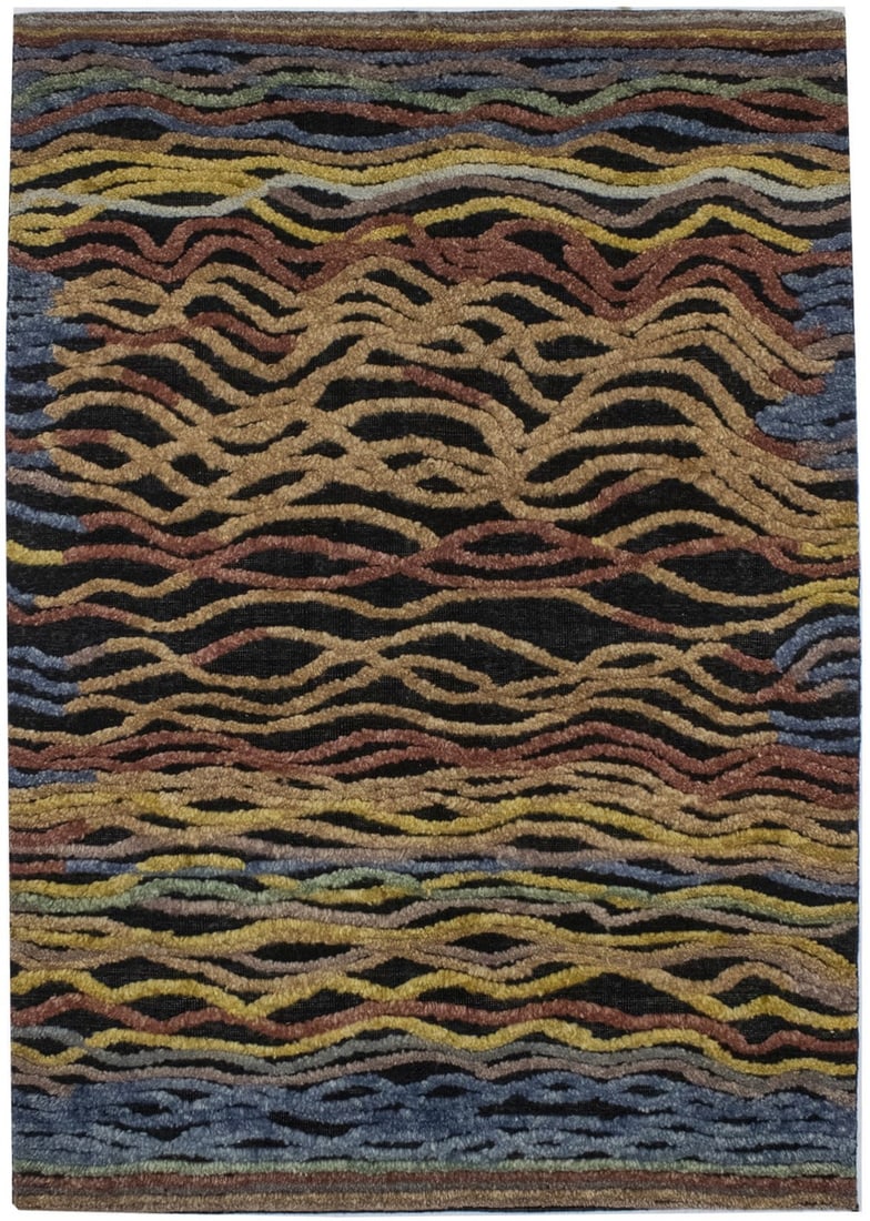 Modern 5'10 x 8'2 Hand-Knotted Wool Rug With Multicolored Abstract Waves Design: Modern 5'10 x 8'2 Hand-Knotted Wool Rug With Multicolored Abstract Waves Design This hand-knotted area rug features a vibrant multicolored abstract waves pattern, adding a modern touch to any space. M
