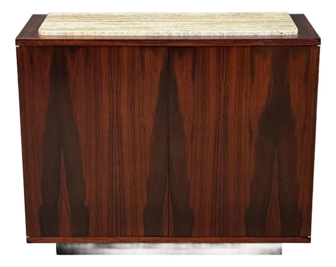 1970s Mid Century Rosewood Bar Credenza with Travertine Top: 1970s Mid Century Rosewood Bar Credenza with Travertine Top This stunning mid-century modern bar credenza features a rich rosewood construction complemented by a sleek travertine inset top, ideal for