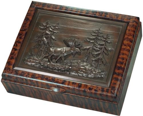 Rustic Lodge Style Moose Resin Box with Hinged Lid: Rustic Lodge Style Moose Resin Box with Hinged Lid Enhance your rustic home decor with this charming Moose Forest Decor Resin Box. Featuring a beautiful hand-cast and hand-painted forest scene with a