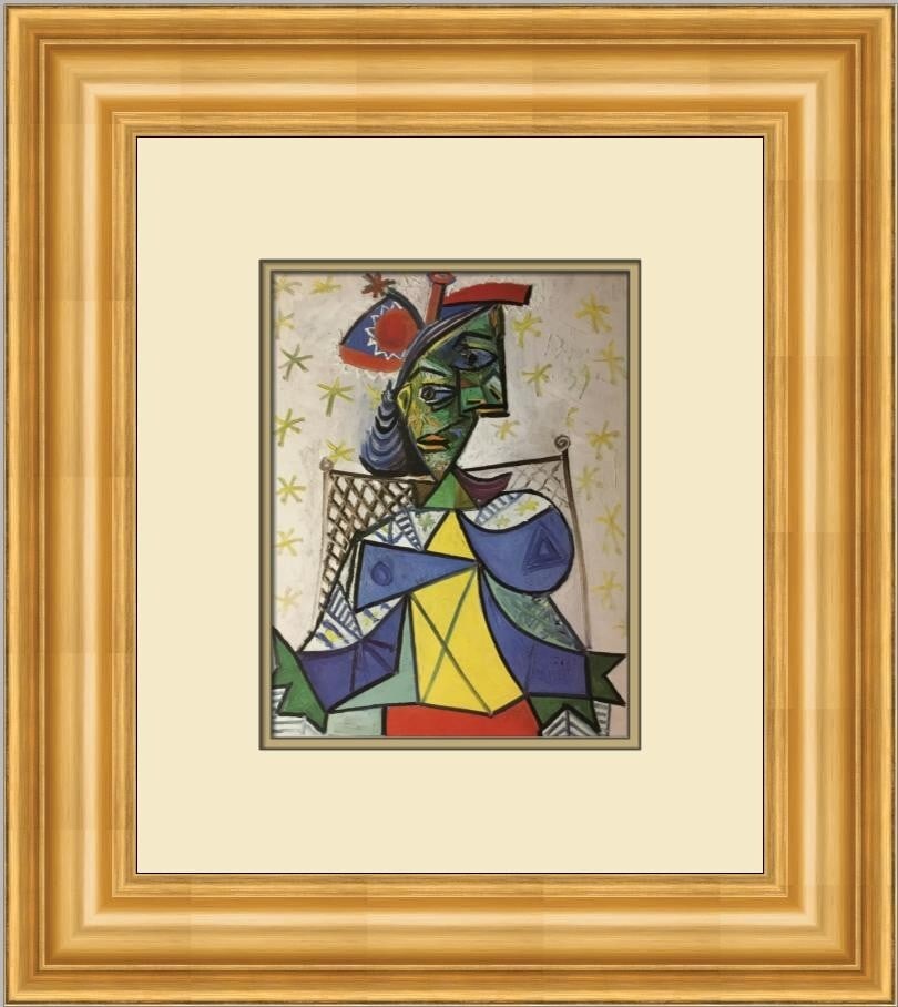 Pablo Picasso Seated Woman Print Custom Framed Surrealism Art 1985: Pablo Picasso Seated Woman Print Custom Framed Surrealism Art 1985 This stunning custom framed print features Pablo Picasso's iconic work titled "Seated Woman with Red and Blue Hat." The artwork, a re