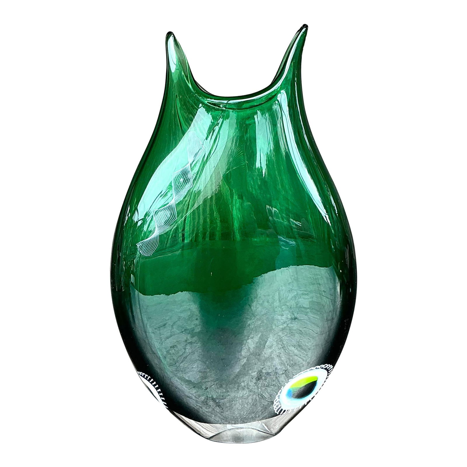 Vintage Boho Forest Green Art Glass Vase 12in Statement Piece: Vintage Boho Forest Green Art Glass Vase 12in Statement Piece Enhance your decor with this Vintage Boho Art Glass Vase, showcasing a stunning array of rich colors and abstract swirls that reflect the
