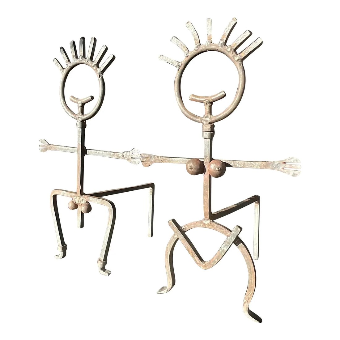 Vintage Brutalist Patinated Metal Andirons Pair Male Female: Vintage Brutalist Patinated Metal Andirons Pair Male Female This striking pair of vintage Brutalist andirons showcases a unique composition of a male and female figure, reflecting the chic Boho style.