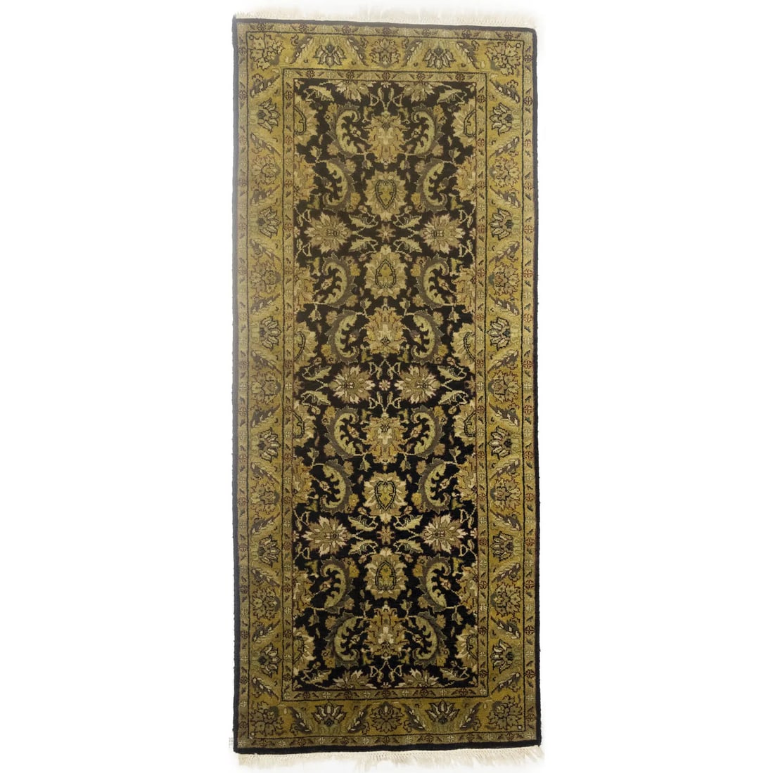 Hand-Knotted Black Floral Wool Runner Rug 3'4 x 7'10 Vintage Style (1 of 10)